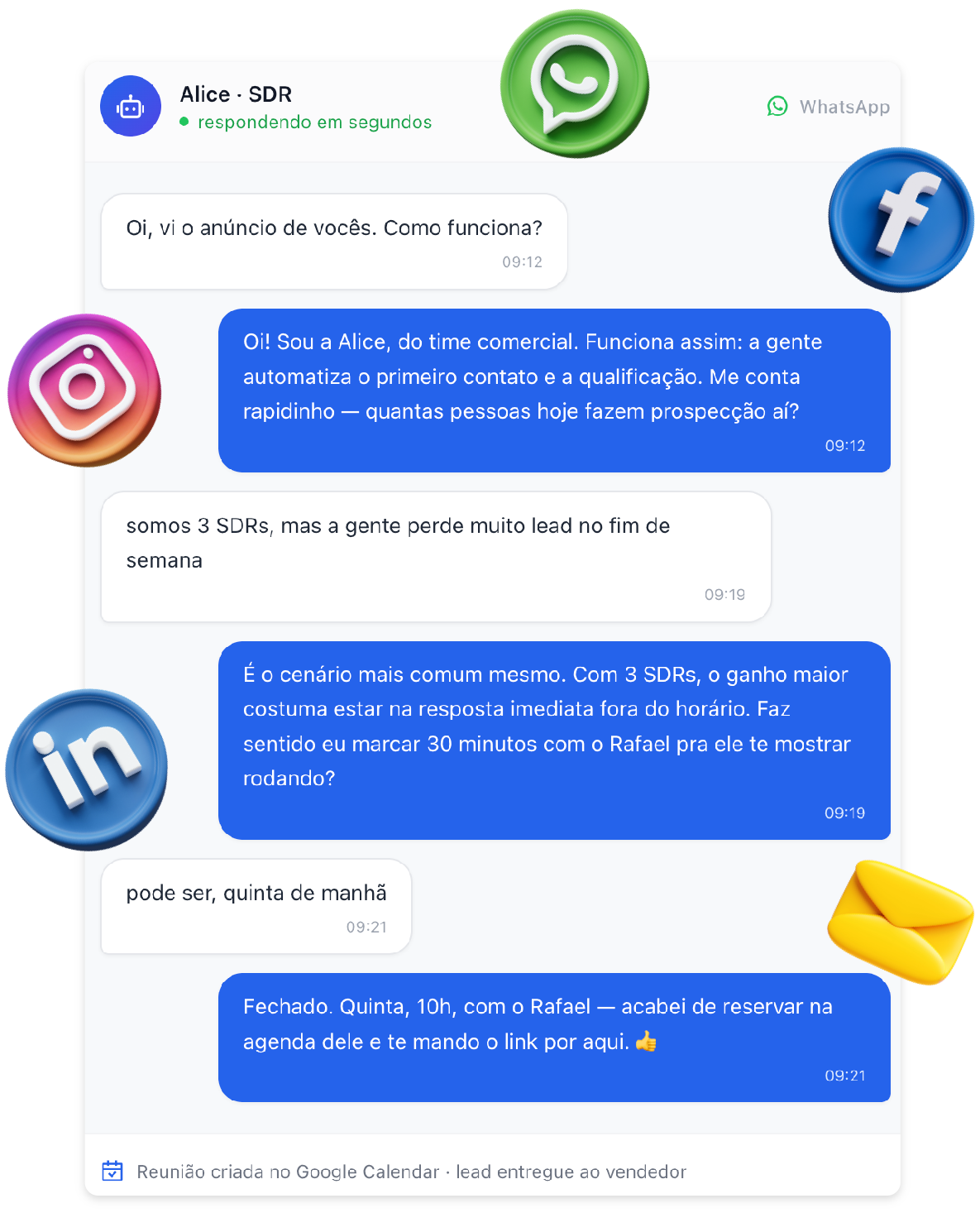 Conversa do agente WLead no WhatsApp cercada pelos canais: WhatsApp, Facebook, Instagram, LinkedIn e e-mail